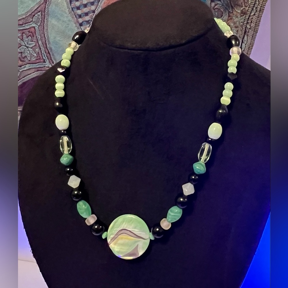 Vintage Art Deco Uranium Glass Beaded Necklace, Toggle Clasp 19” Long